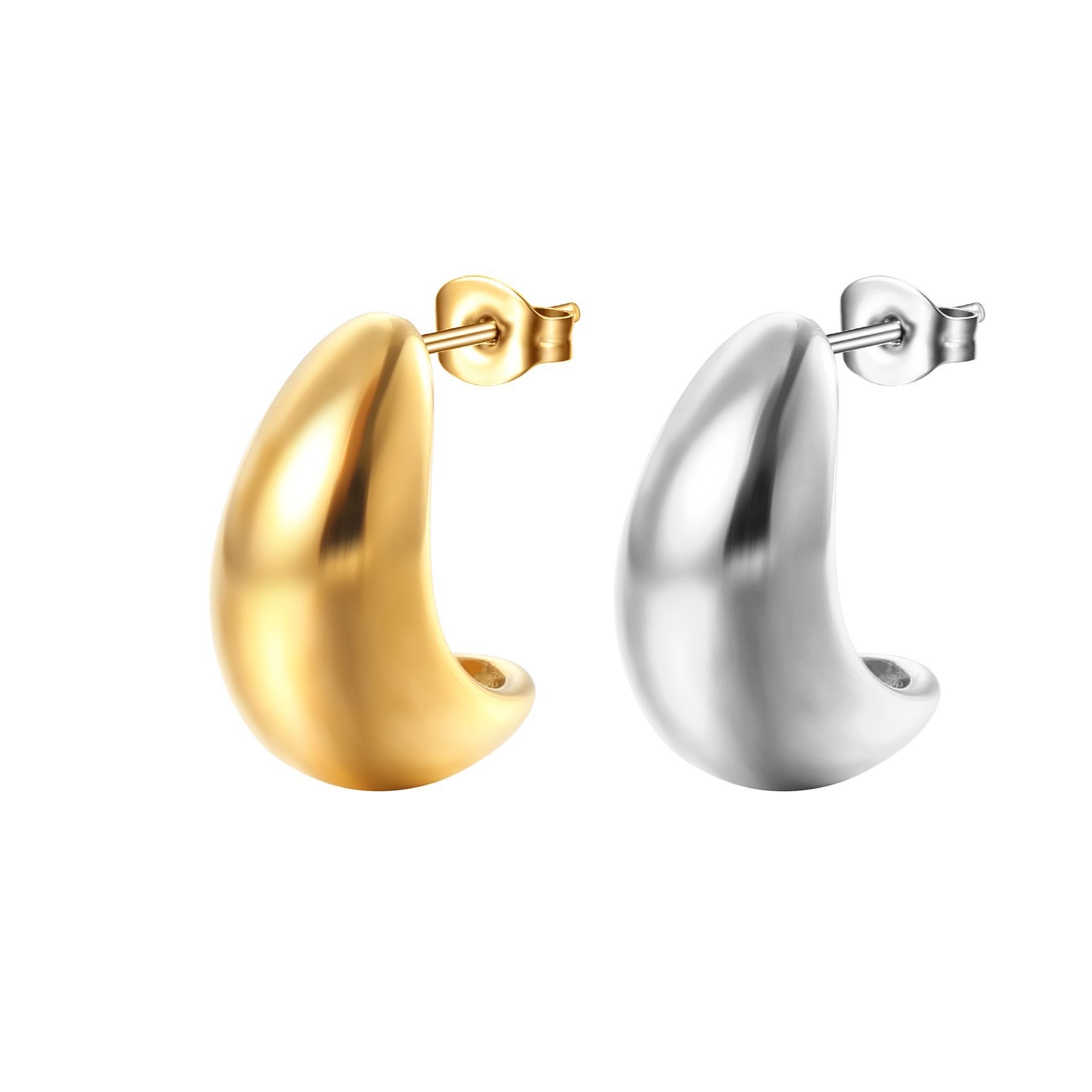 European and American fashion semi-round bean-shaped stainless steel ear studs, with a high-end and light luxury style, are trendy and versatile. They are 18K plated earrings for women
