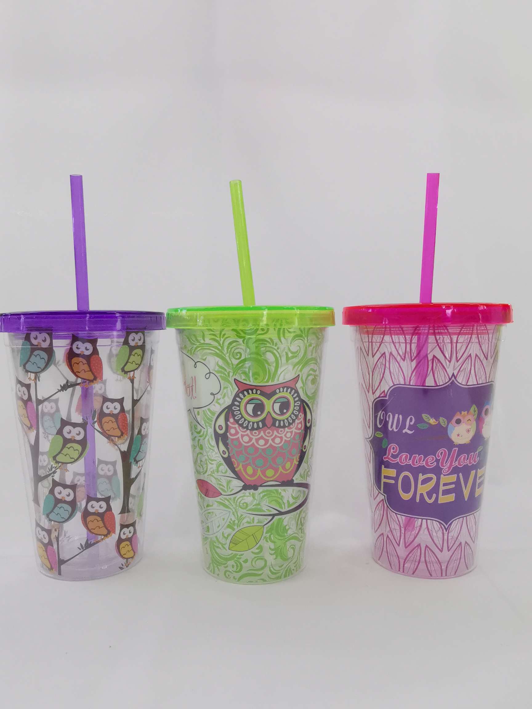 AS material Owl series PVC double-layer straw cup 450ml plastic transparent straw cup Specification image