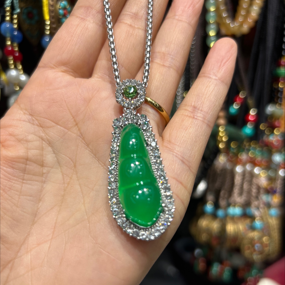 仿碧玉项链，长款毛衣链，链条微镶饰品挂件厂家批发diy配件合金底托细节图