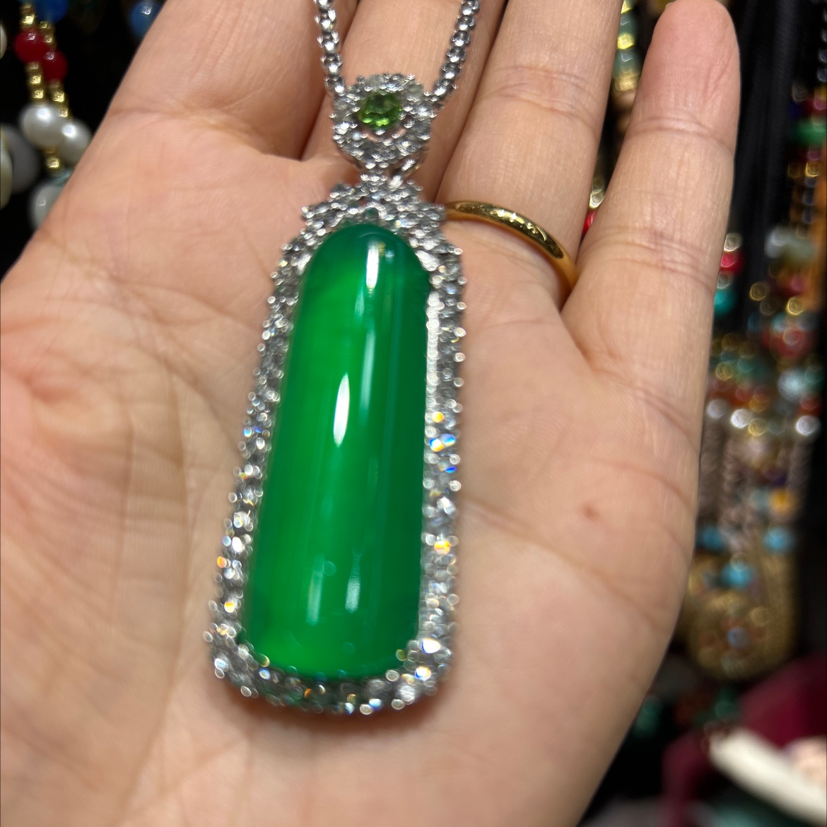 仿碧玉项链，长款毛衣链，链条微镶饰品挂件厂家批发diy配件合金底托产品图