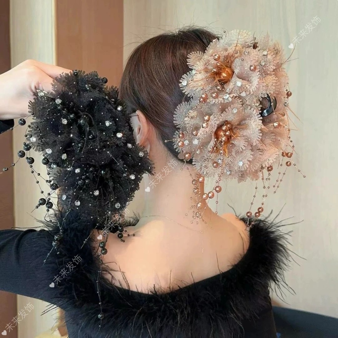 Korean style fashion trend two-flower tassel grab clip, 13 cm bottom clip