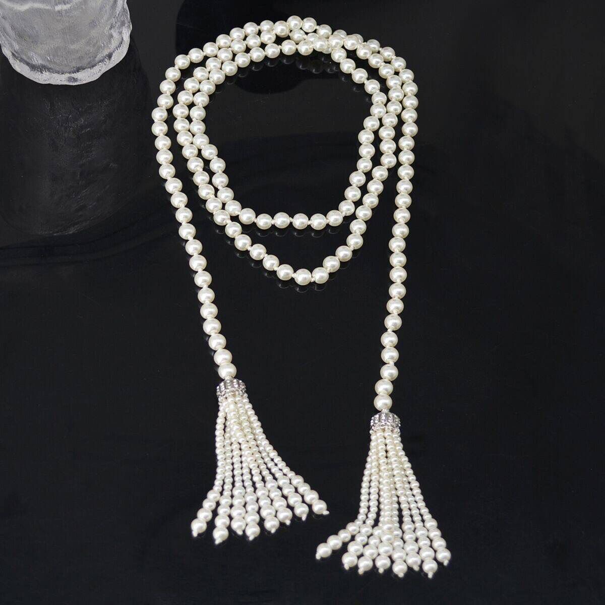Ancient-style Hanfu accessory tassel pearl long necklace with wheat ears and diamond tassels, a high-end look, a multi-purpose sweater chain Specification image