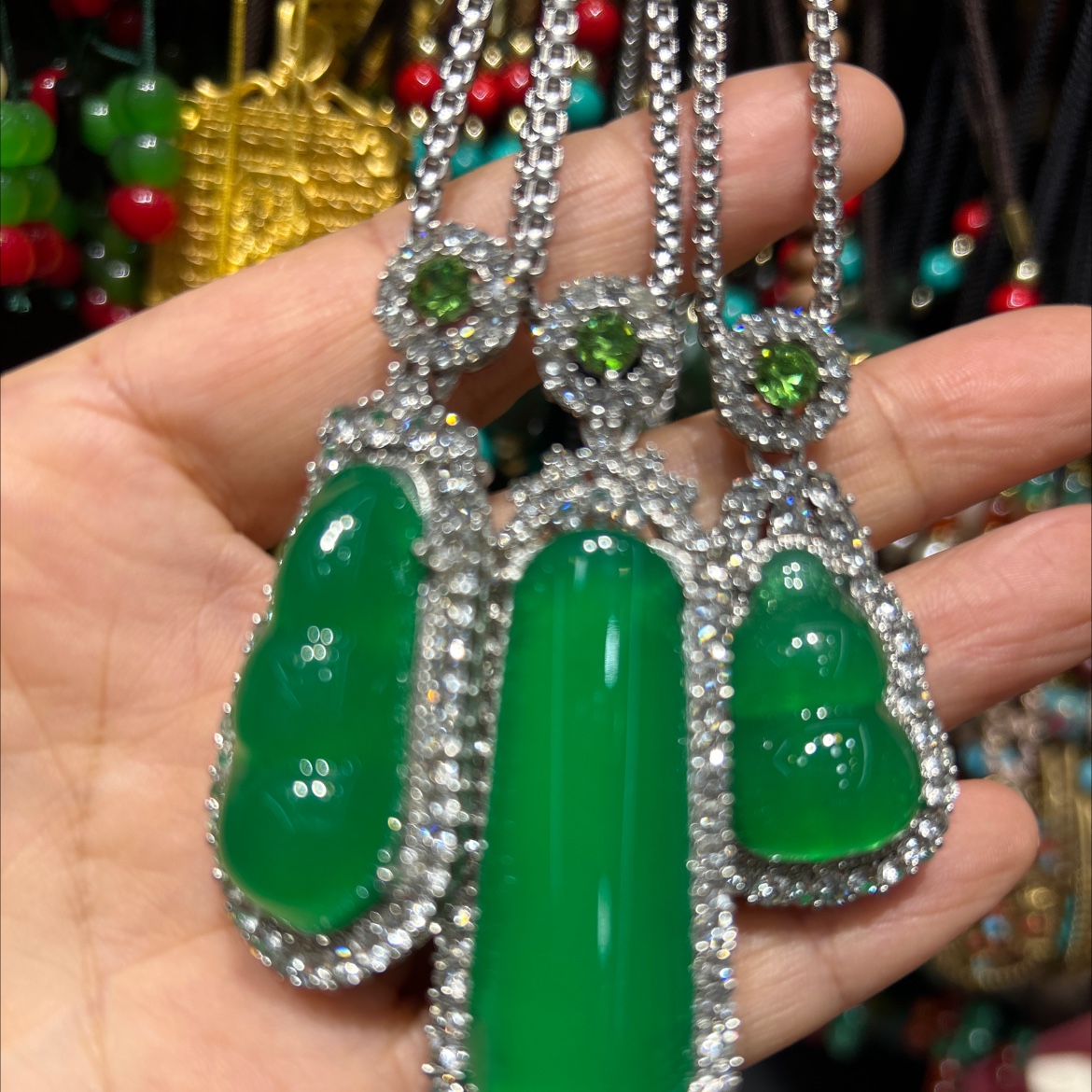 仿碧玉项链，长款毛衣链，链条微镶饰品挂件厂家批发diy配件合金底托详情图2