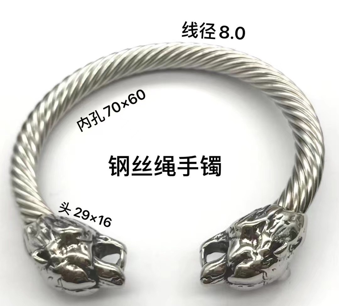 霸气个性骷髅钛钢手环 复古哥特双骷髅头钢丝手镯批发 动物手镯手链开口手镯产品图