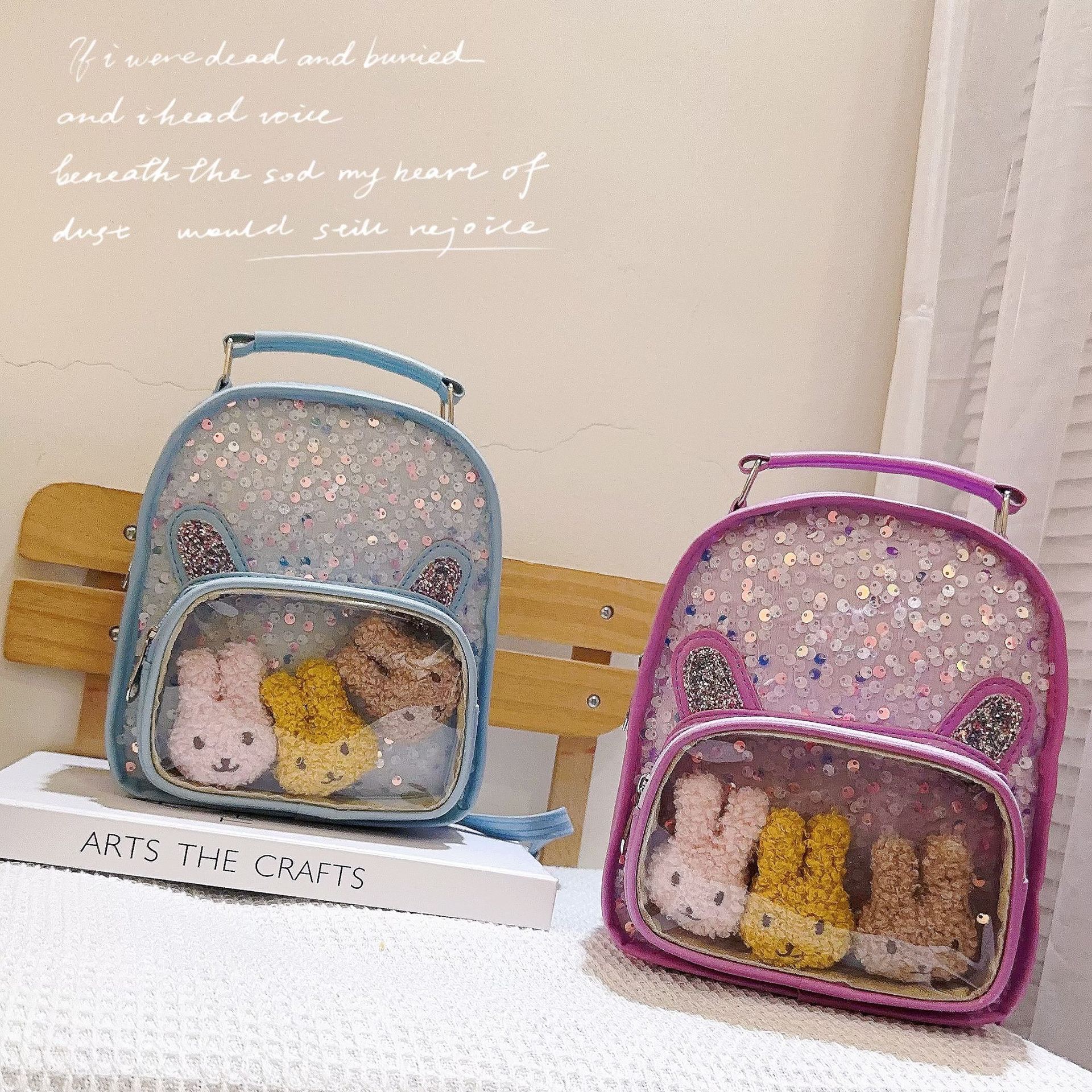 新款亮片儿童卡通书包立体小兔子双肩书包白底实物图