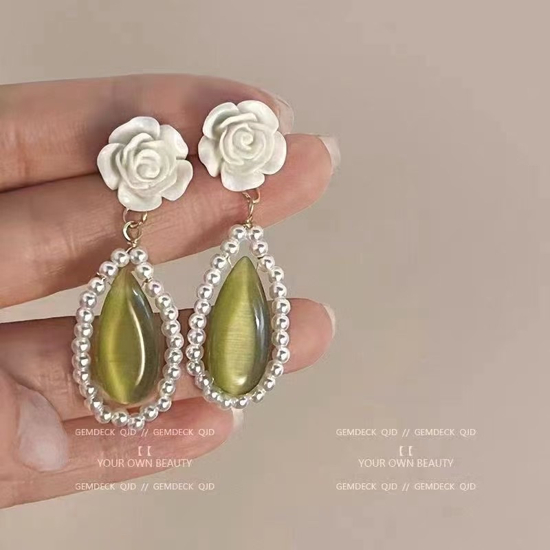 欧美时尚风格 水滴形猫眼石，花头高级合金耳环