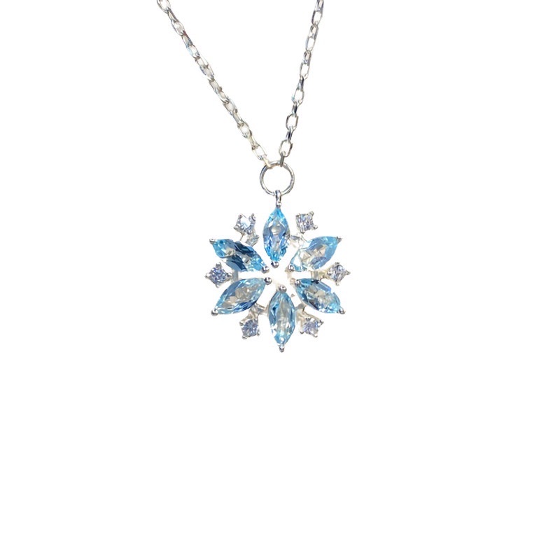 Light luxury style: Frozen Snowflake necklace, female imitation topaz blue diamond pendant collarbone chain, Christmas gift necklace