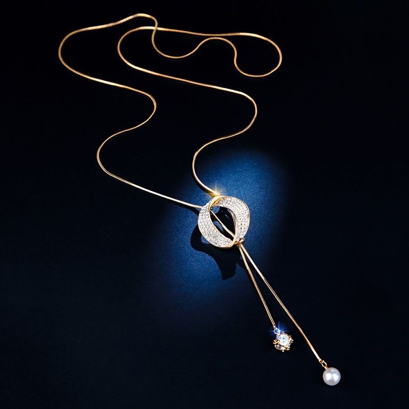 Zirconia imitation pearl high-end sweater chain, women's trendy long necklace, versatile and simple tassel, autumn and winter fashion accessory detail image 5