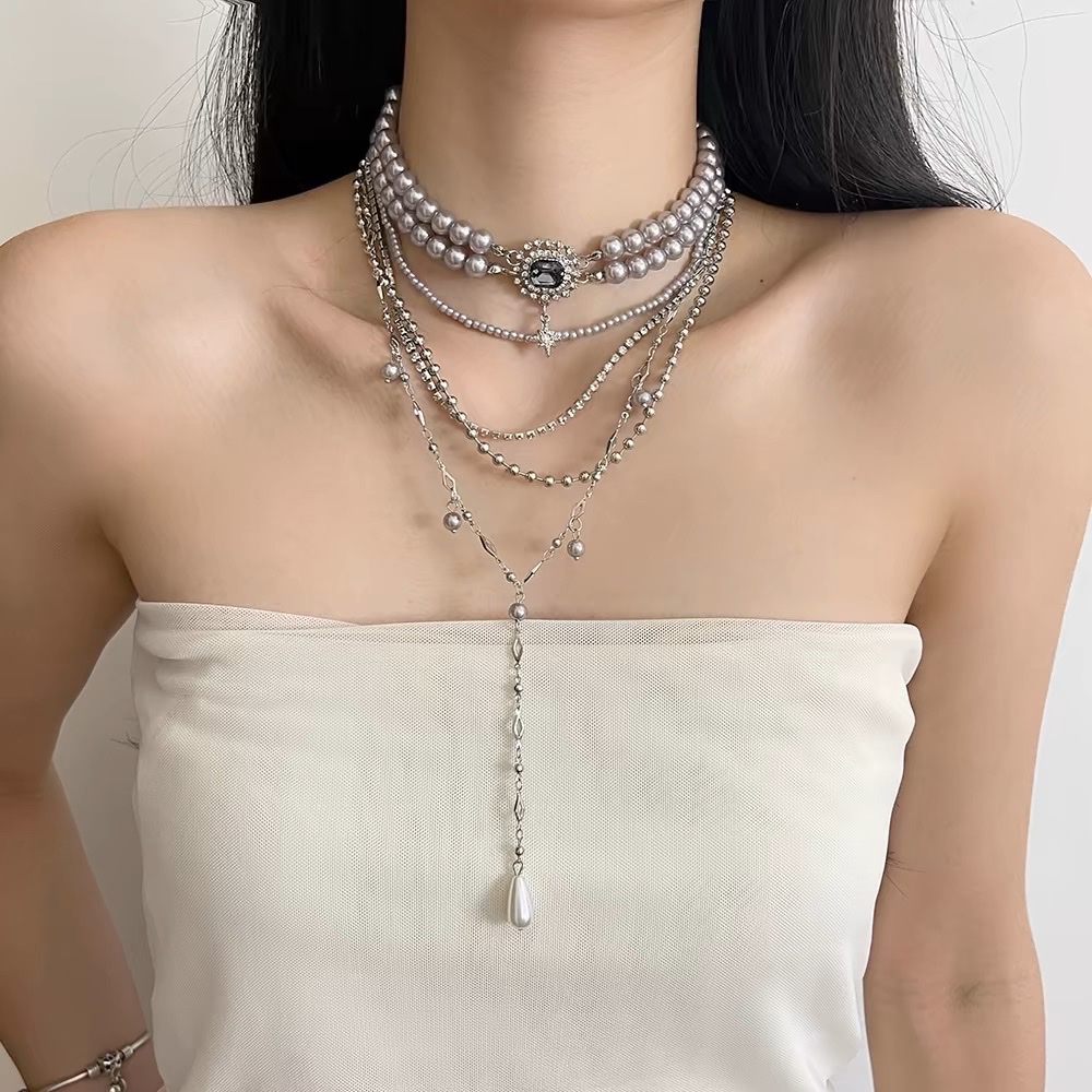 多层叠戴银灰色珍珠项链女复古小众choker锁骨链轻奢高级感配饰潮详情图2