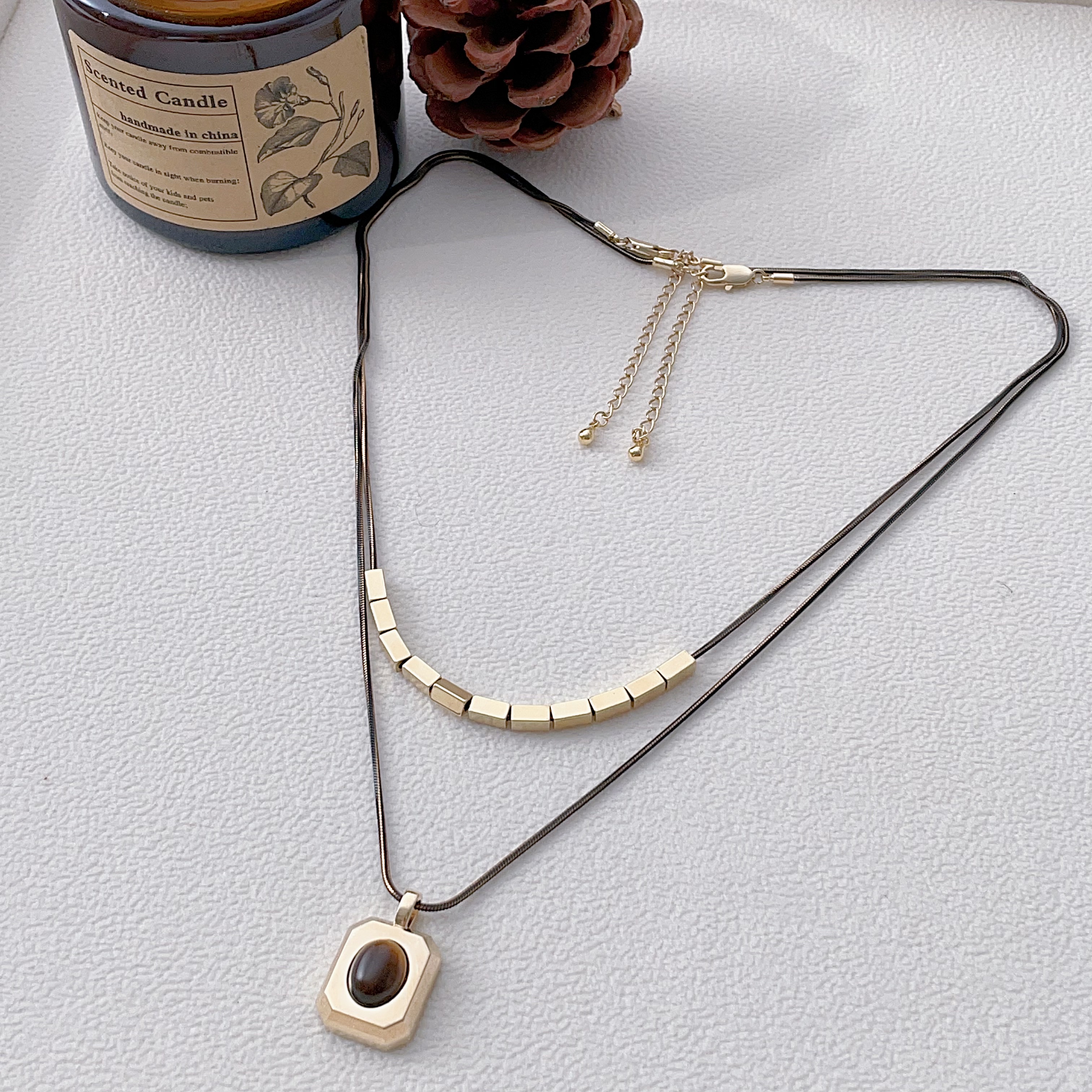 艺达新款双层虎眼石项链小众设计高级感百搭锁骨链女叠戴毛衣链