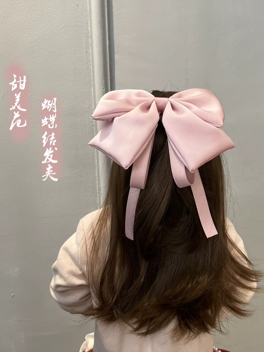 New children's satin ribbon large bow hairpin for girls to celebrate the New Year with a wine-red style and a pair of clips on the back of the head details Picture