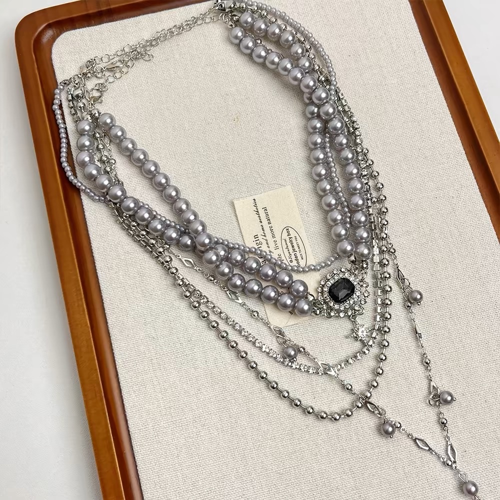 多层叠戴银灰色珍珠项链女复古小众choker锁骨链轻奢高级感配饰潮产品图