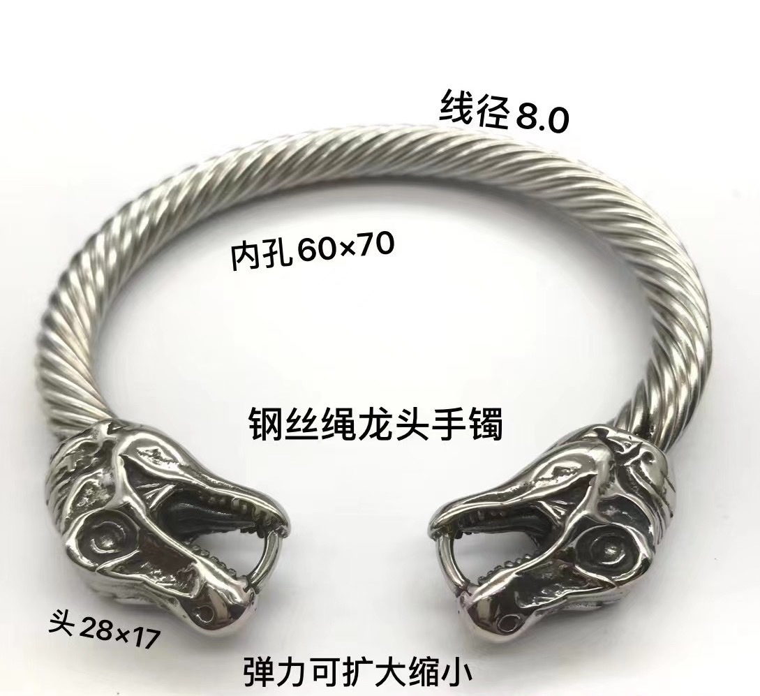 霸气个性骷髅钛钢手环 复古哥特双骷髅头钢丝手镯批发 动物手镯手链开口手镯详情图5