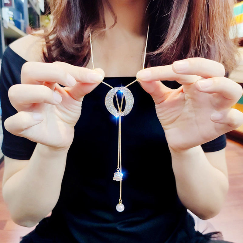 Zirconia imitation pearl high-end sweater chain, women's trendy long necklace, versatile and simple tassel, autumn and winter fashion accessory details Picture