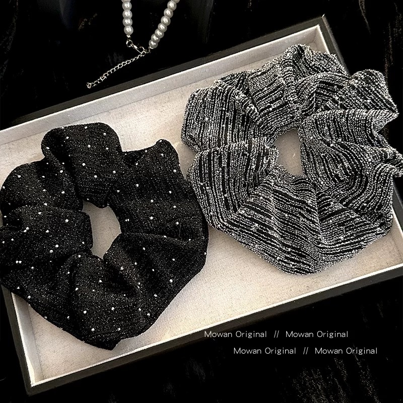 French style, sparkling diamond, high-elasticity large intestine hair band, women's high-end feel, hair tie, headwear, low ponytail, high-end hair accessory, hair band details Picture