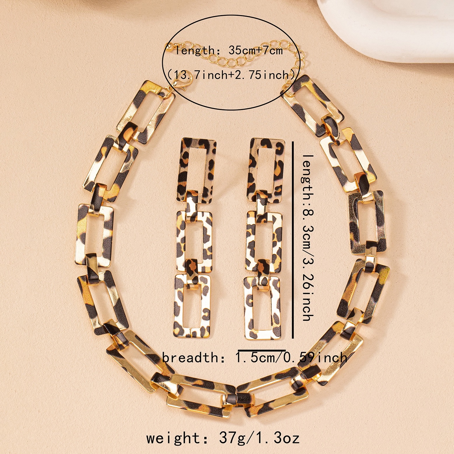 1套个性复古时尚金属优雅方形镂空豹纹女项链耳环手链首饰套装 细节图