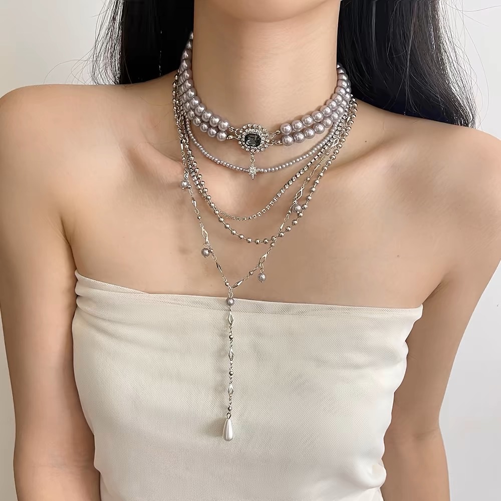 多层叠戴银灰色珍珠项链女复古小众choker锁骨链轻奢高级感配饰潮白底实物图