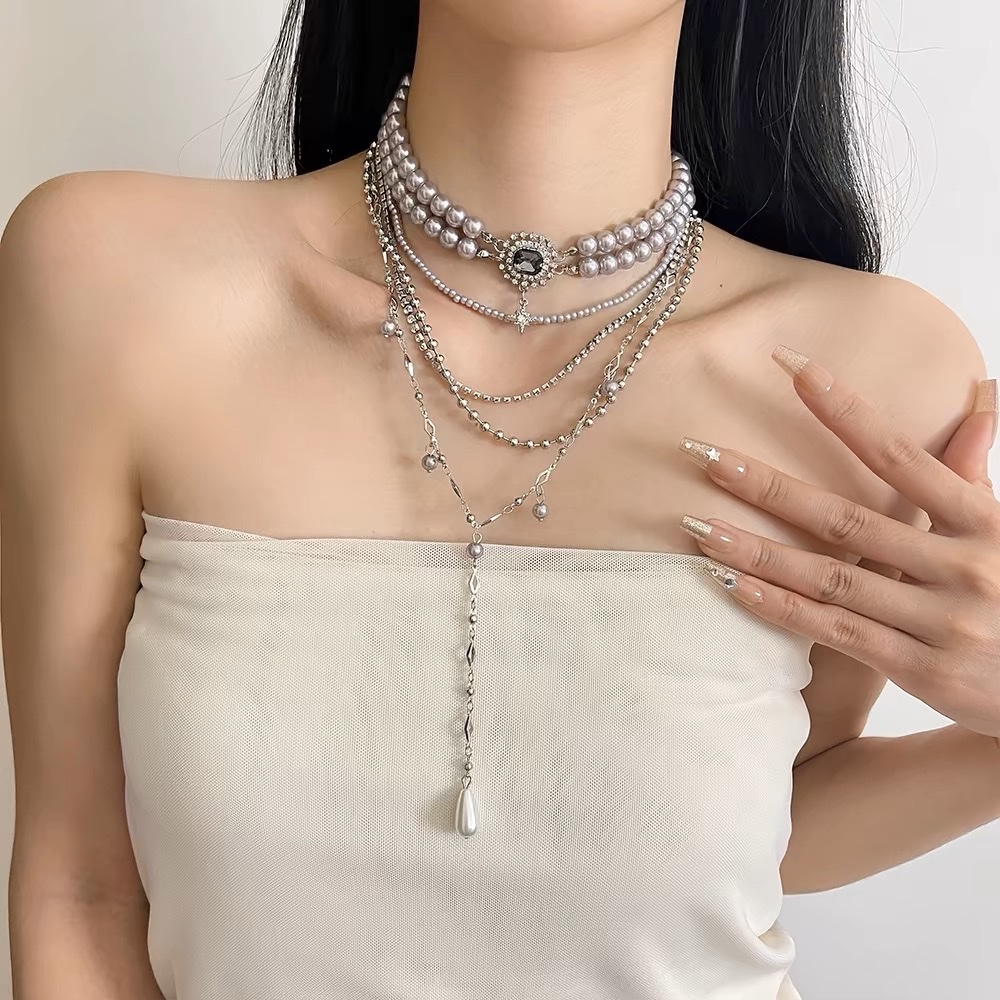 多层叠戴银灰色珍珠项链女复古小众choker锁骨链轻奢高级感配饰潮详情图4