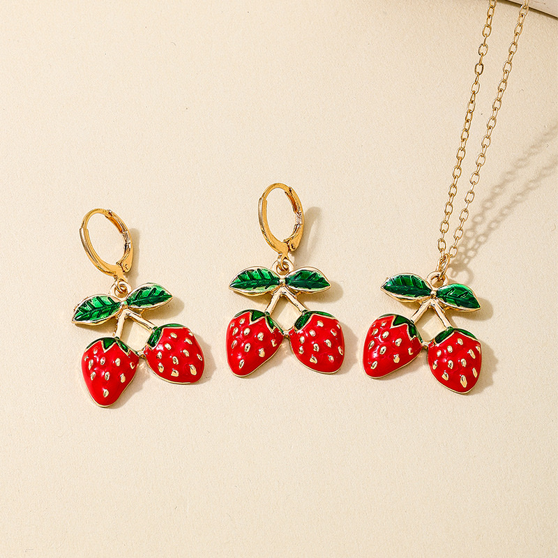 1套可爱又迷人时尚ins风金属水果派对草莓樱桃女项链耳环首饰套装 细节图