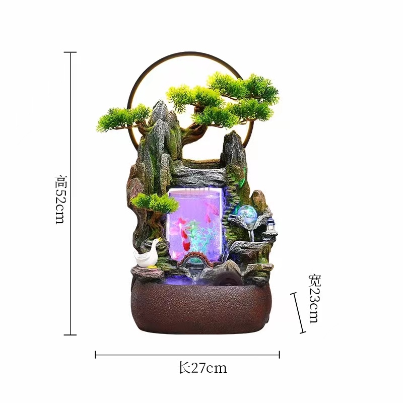树脂氧化镁玻璃钢雾化假山盆景流水LED灯光水晶球水轮雾化器幕帘墙家居摆件产品图