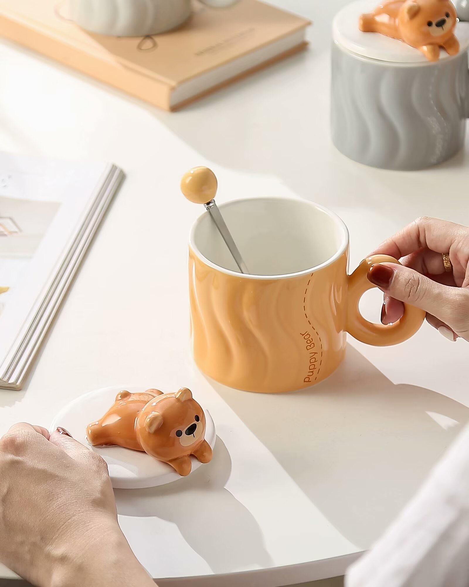 国潮风卡通陶瓷杯，简约复古小熊杯，zakka，热销款式，抖音百万单款式，质量ok款详情图3