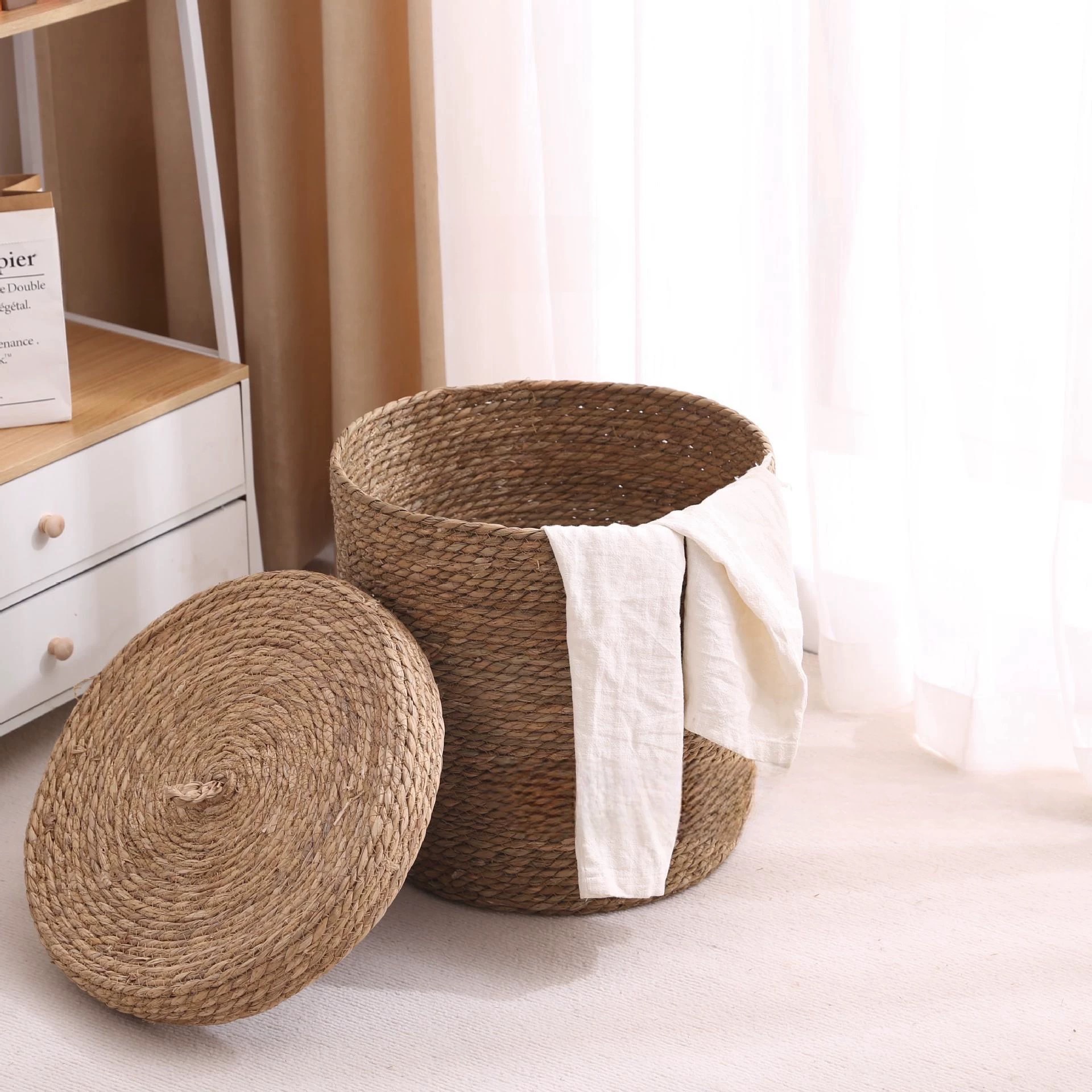 SyooHome 手工编织篮杂物收纳脏衣篮带盖储物筐环保草编筐支持定制