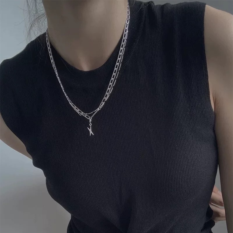 2 New trendy, simple and high-end double-layer layered necklace for women's summer, light luxury and niche design, ins sweater chain, stainless steel neutral details Picture