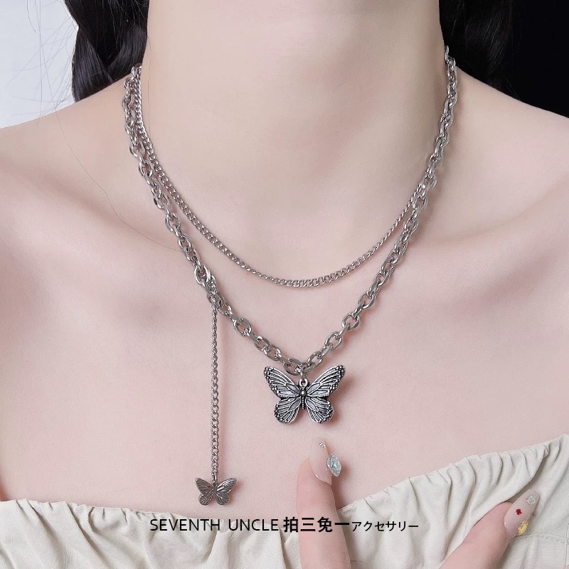 Butterfly necklace, titanium steel double-layer high-end niche design, sweet and cool, spicy girl style accessory, new women's necklace