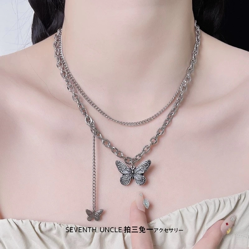 Butterfly necklace, titanium steel double-layer high-end niche design, sweet and cool, spicy girl style accessory, new women's necklace detail image 1