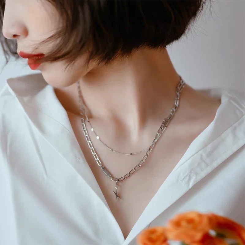 2 New trendy, simple and high-end double-layer layered necklace for women's summer, light luxury and niche design, ins sweater chain, stainless steel neutral Specification image