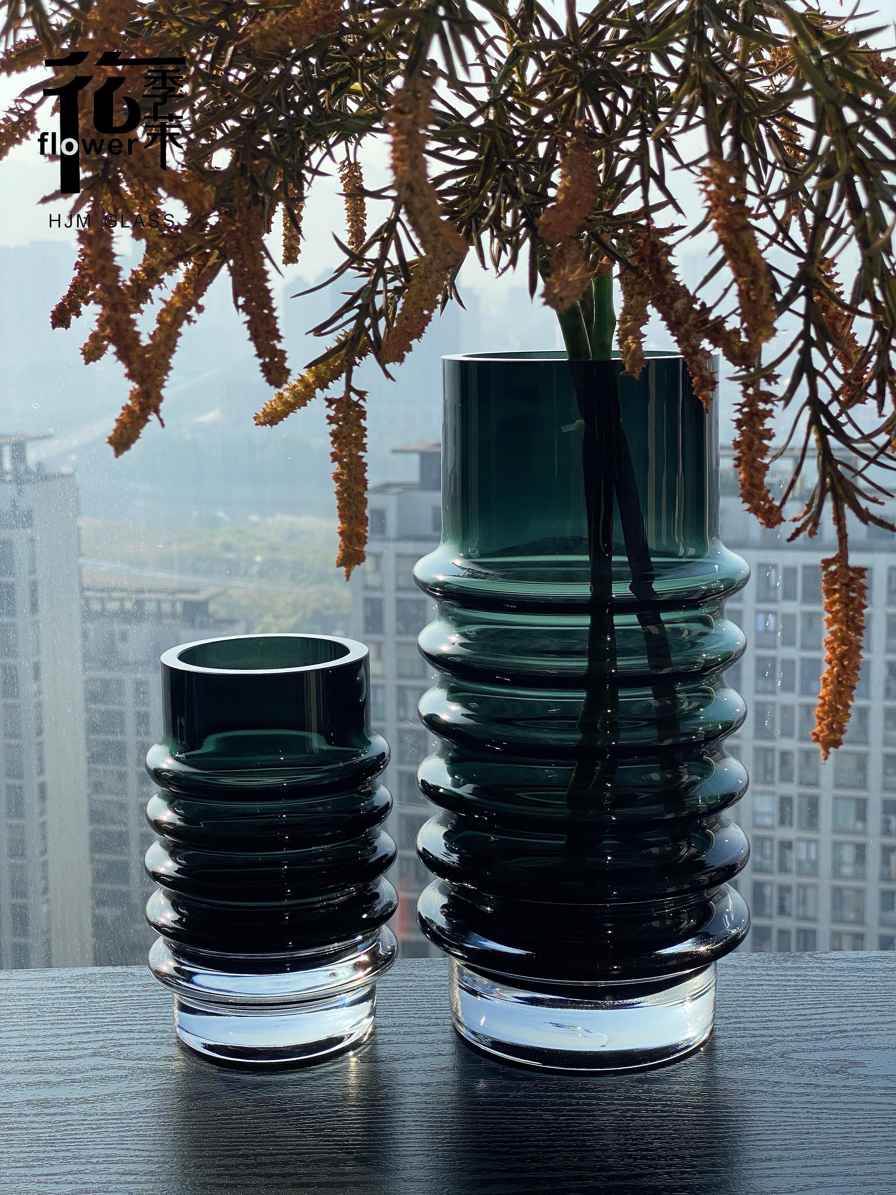 HJM-丹麦设计师款琉璃厚重墨绿色玻璃花瓶客厅家具茶几书桌插花水培装饰摆件花瓶批发详情图4