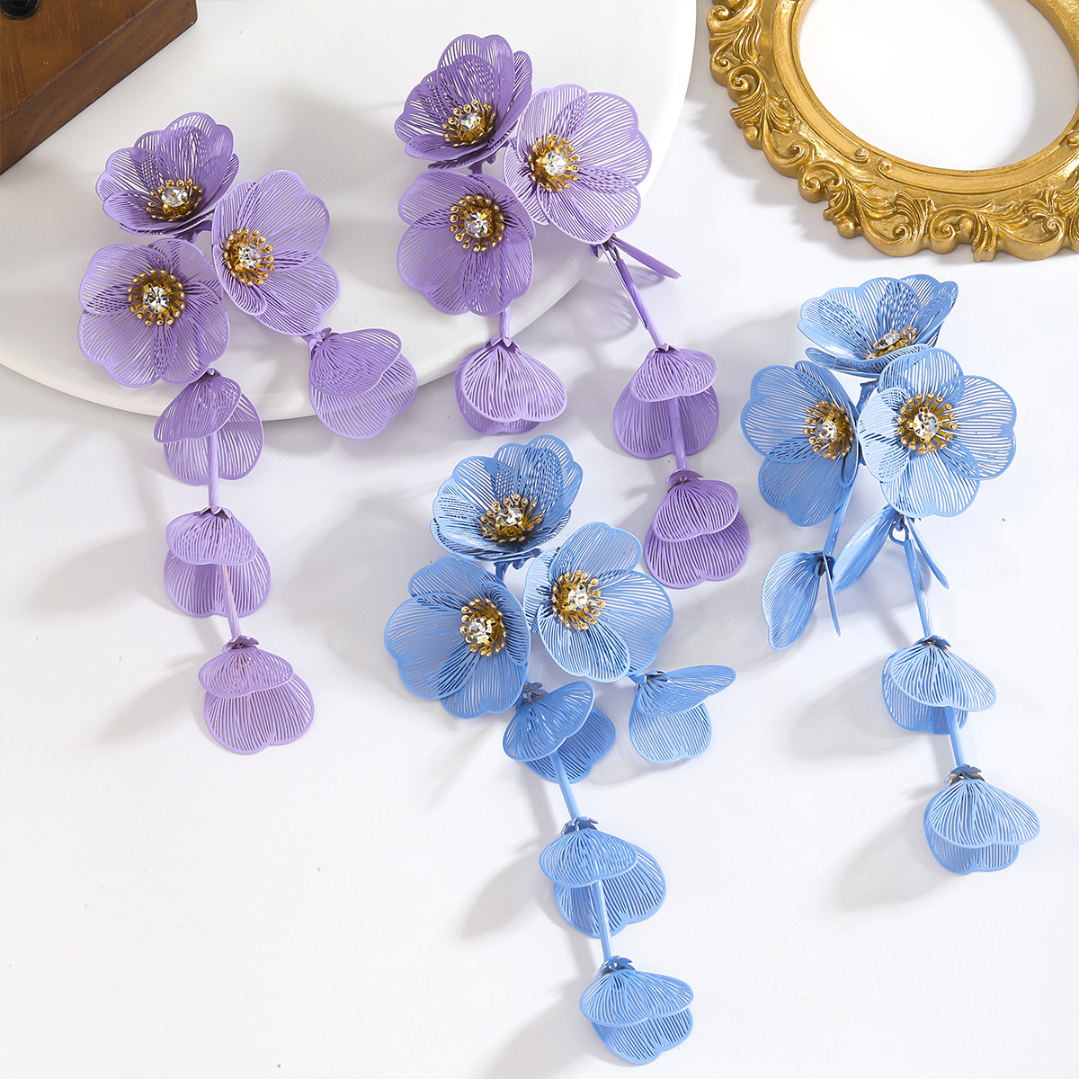 锆石花朵花瓣流苏耳钉小清新甜美个性耳环小众度假风耳饰批发 