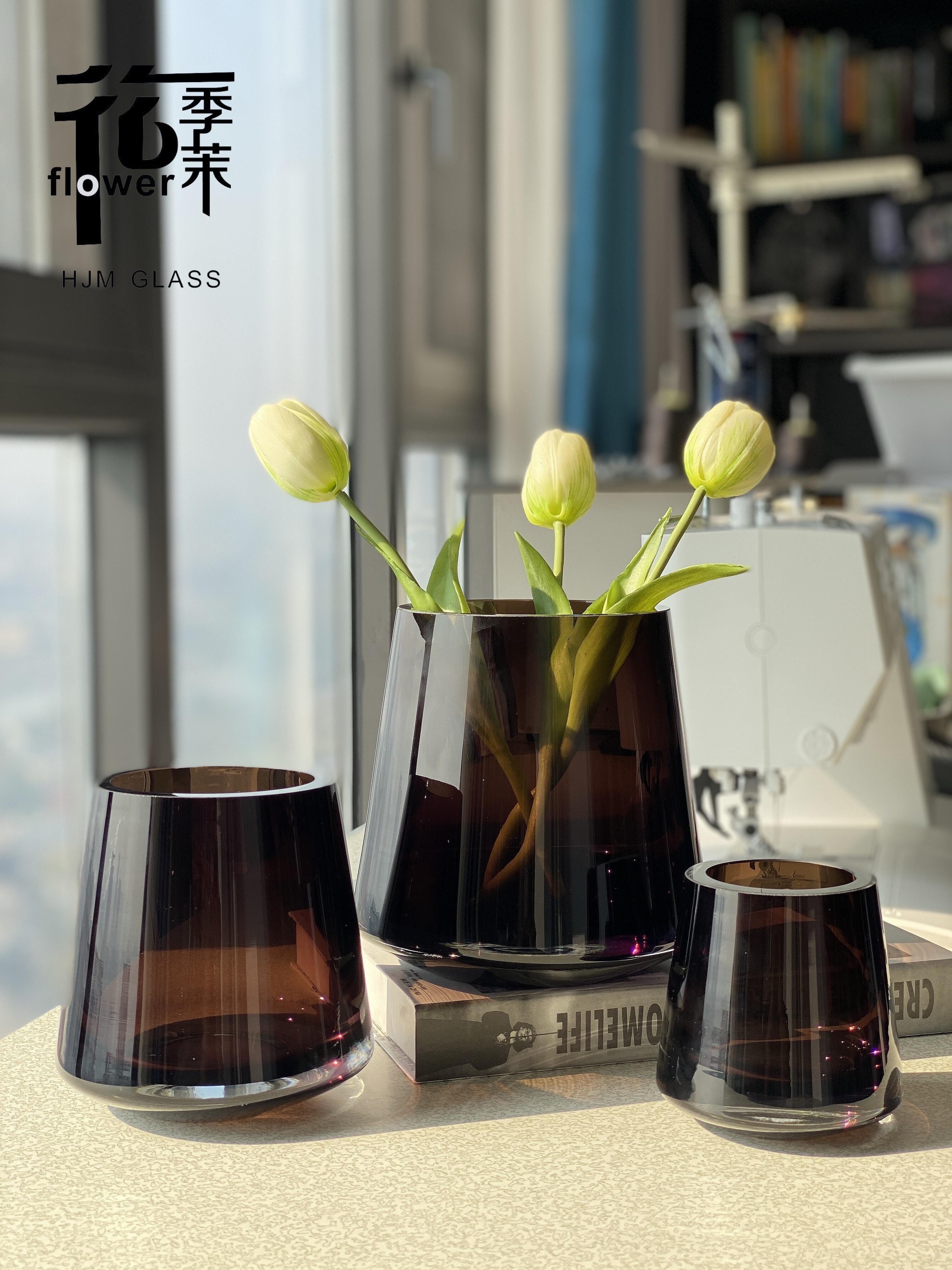 HJM-丹麦设计师款轻奢琉璃棕色厚重玻璃花瓶家居客厅餐桌卧室洽谈桌插花水培水养创意装饰品摆件花瓶批发详情图1
