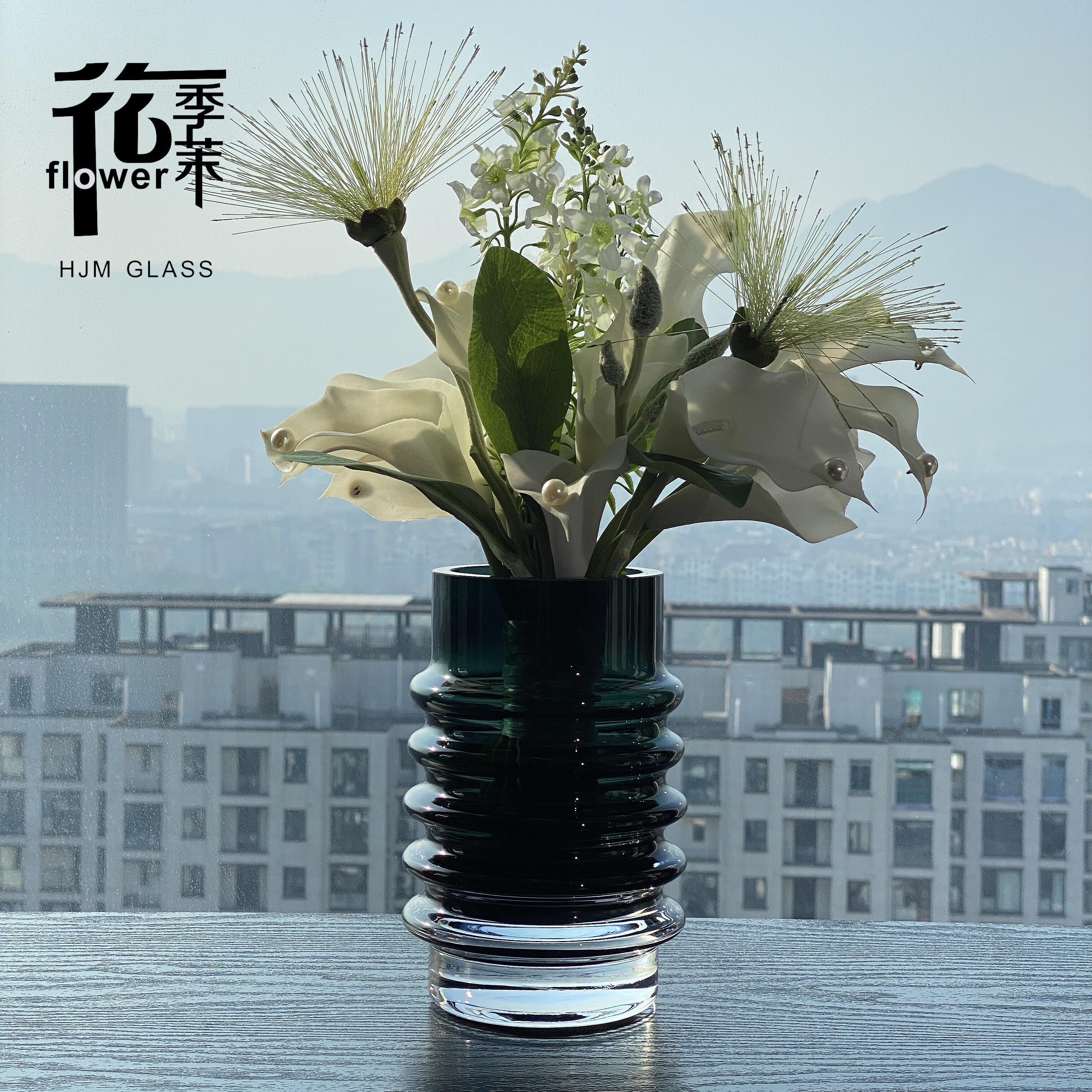 HJM-丹麦设计师款琉璃厚重墨绿色玻璃花瓶客厅家具茶几书桌插花水培装饰摆件花瓶批发详情图5