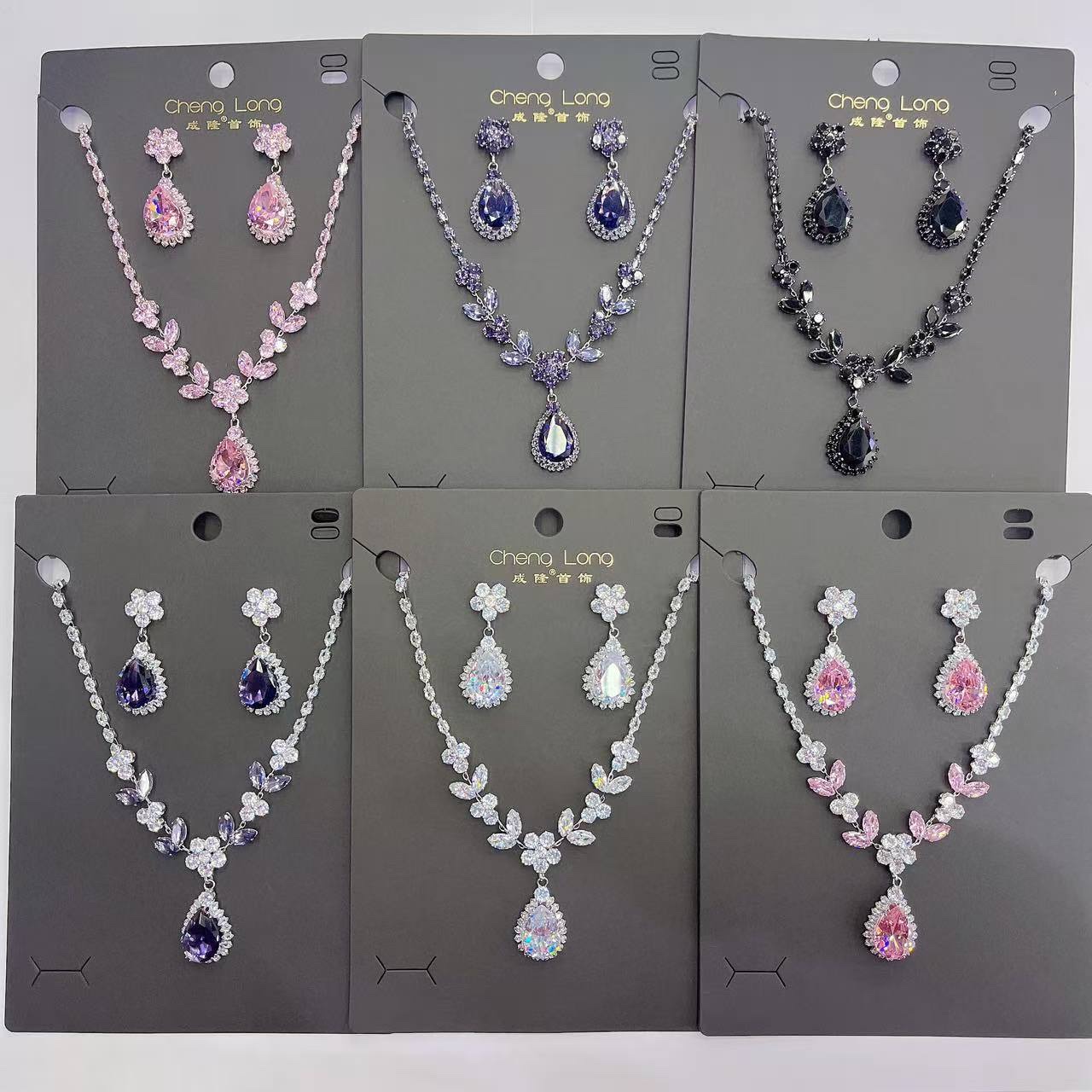 Hot-selling crystal zircon necklace with anti-glare button design, six pairs of stud earrings, shining zircon jewelry set, elegant and fashionable jewelry detail image 5