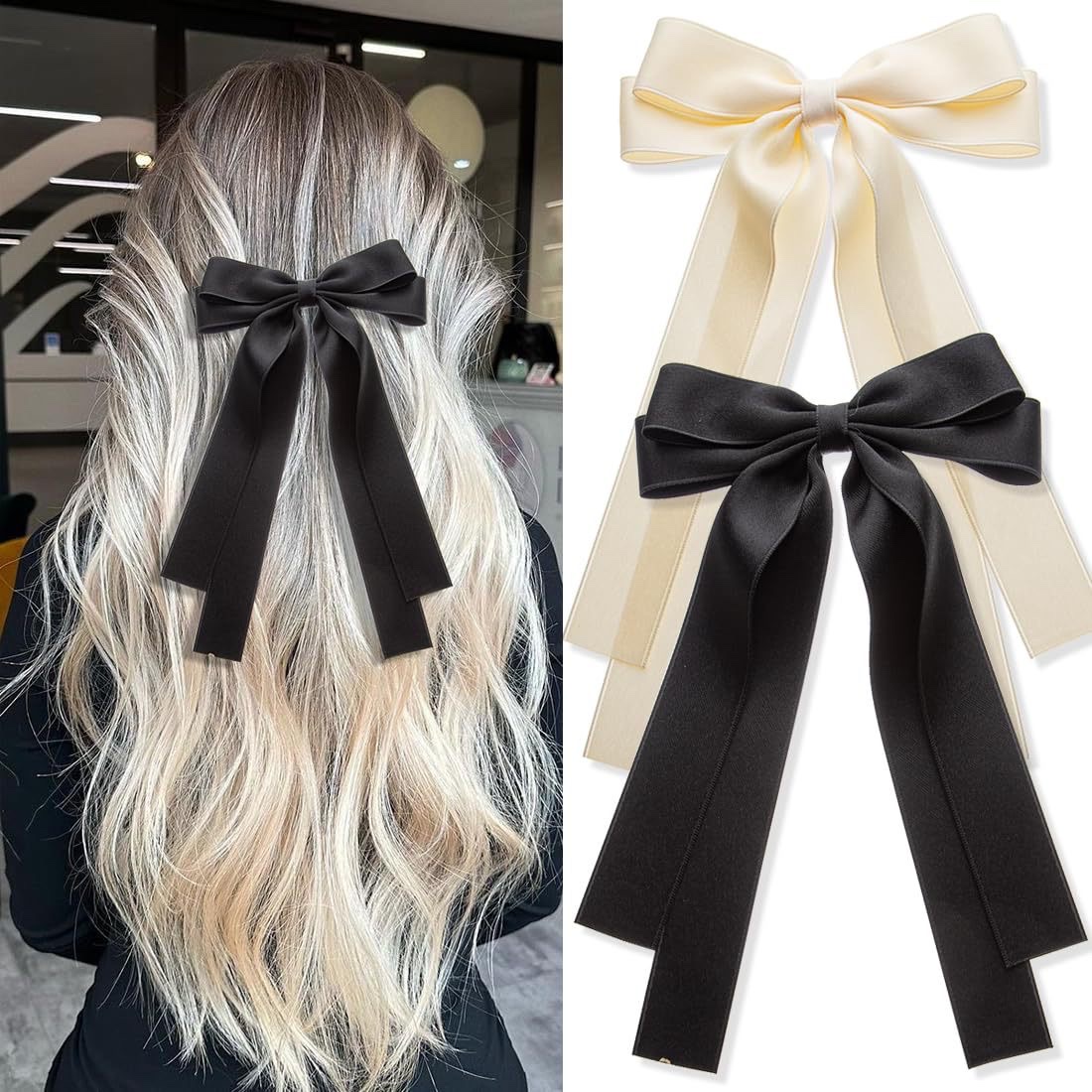 Cross-border women's double-layer bow, ribbon, tassel, ponytail hair clip, webbing, long hair tie, duckbill clip headwear Specification image