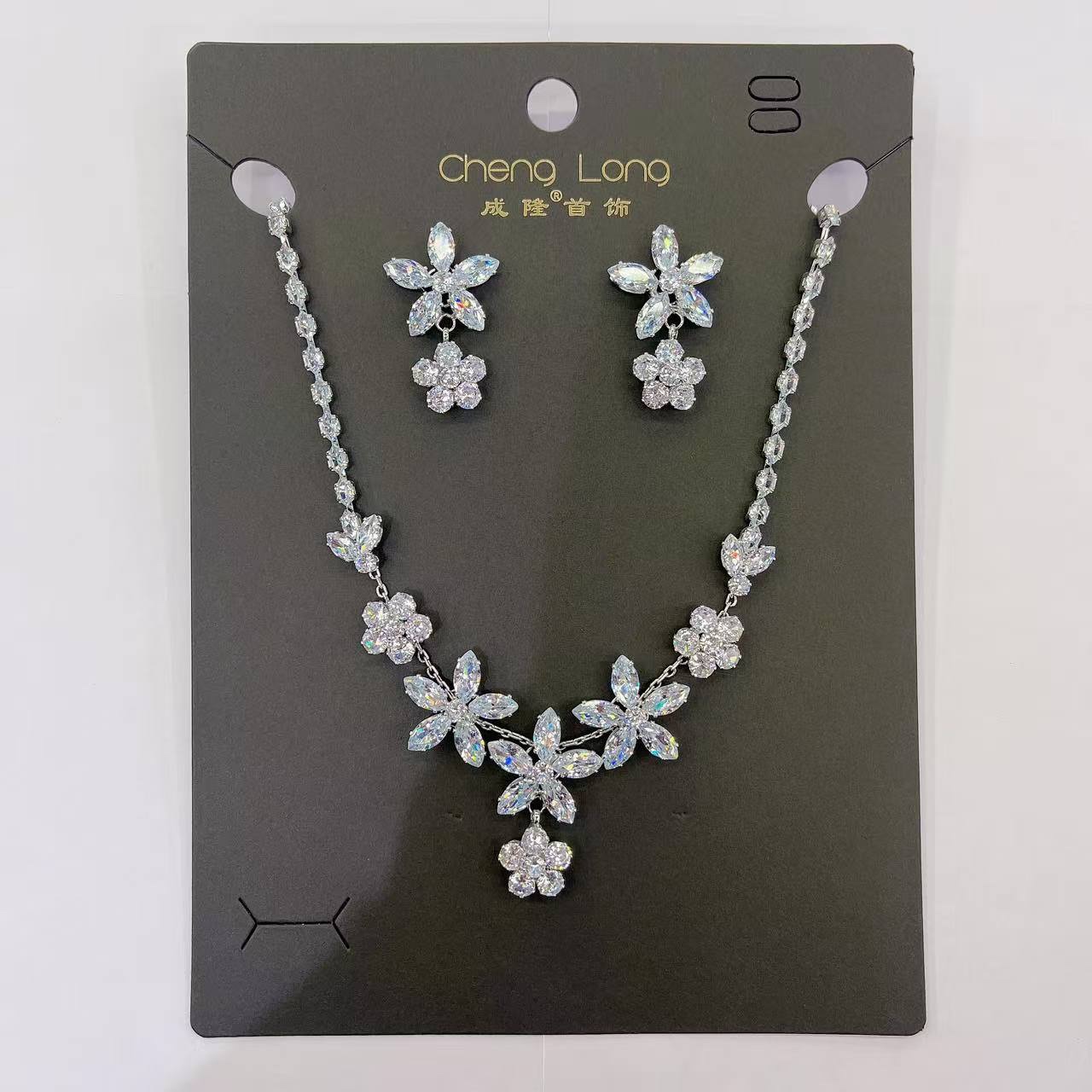 Hot-selling crystal zircon necklace with anti-glare button design, six pairs of stud earrings, shining zircon jewelry set, elegant and fashionable jewelry detail image 1