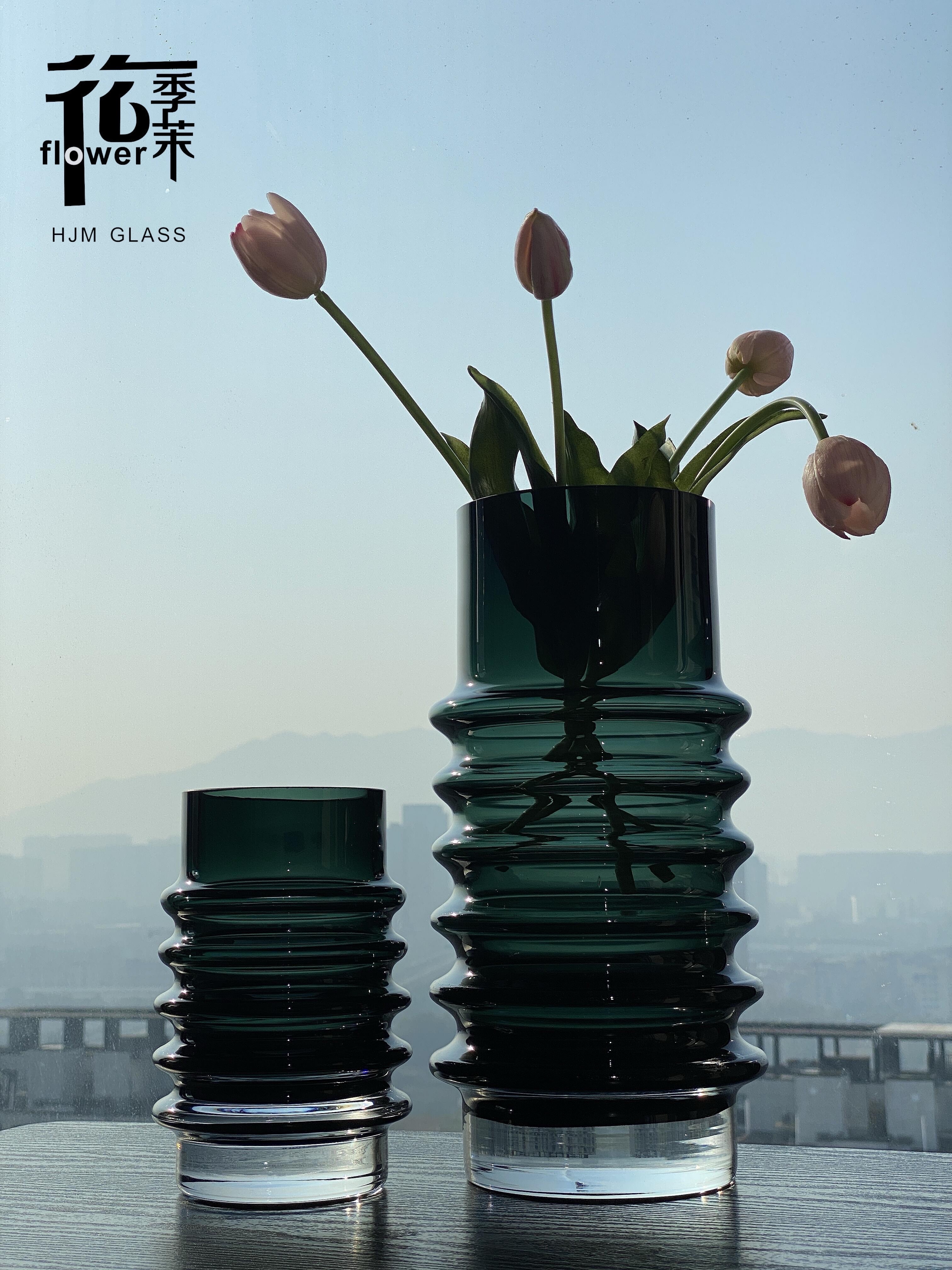 HJM-丹麦设计师款琉璃厚重墨绿色玻璃花瓶客厅家具茶几书桌插花水培装饰摆件花瓶批发详情图1