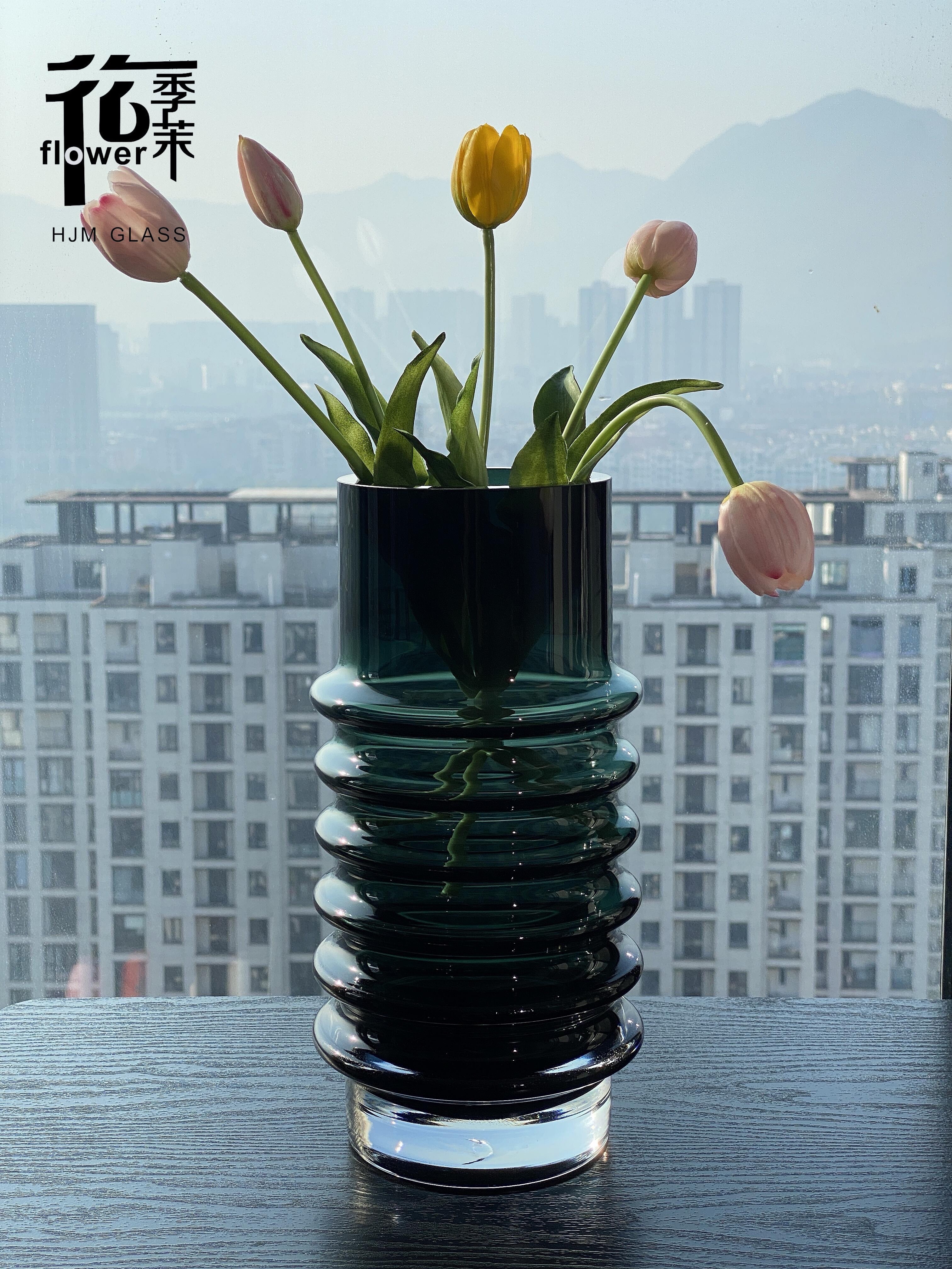 HJM-丹麦设计师款琉璃厚重墨绿色玻璃花瓶客厅家具茶几书桌插花水培装饰摆件花瓶批发详情图3