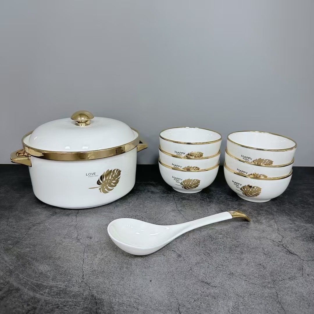 方圆陶瓷汤锅配碗套装餐具羽毛金边汤锅细节图