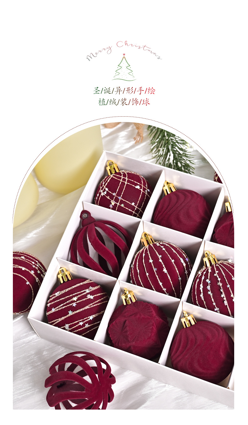 跨境新款植绒白色礼盒系列6-12PCS白色礼盒植绒球圣诞植绒礼盒套装圣诞节圣诞树挂件圣诞球详情图1