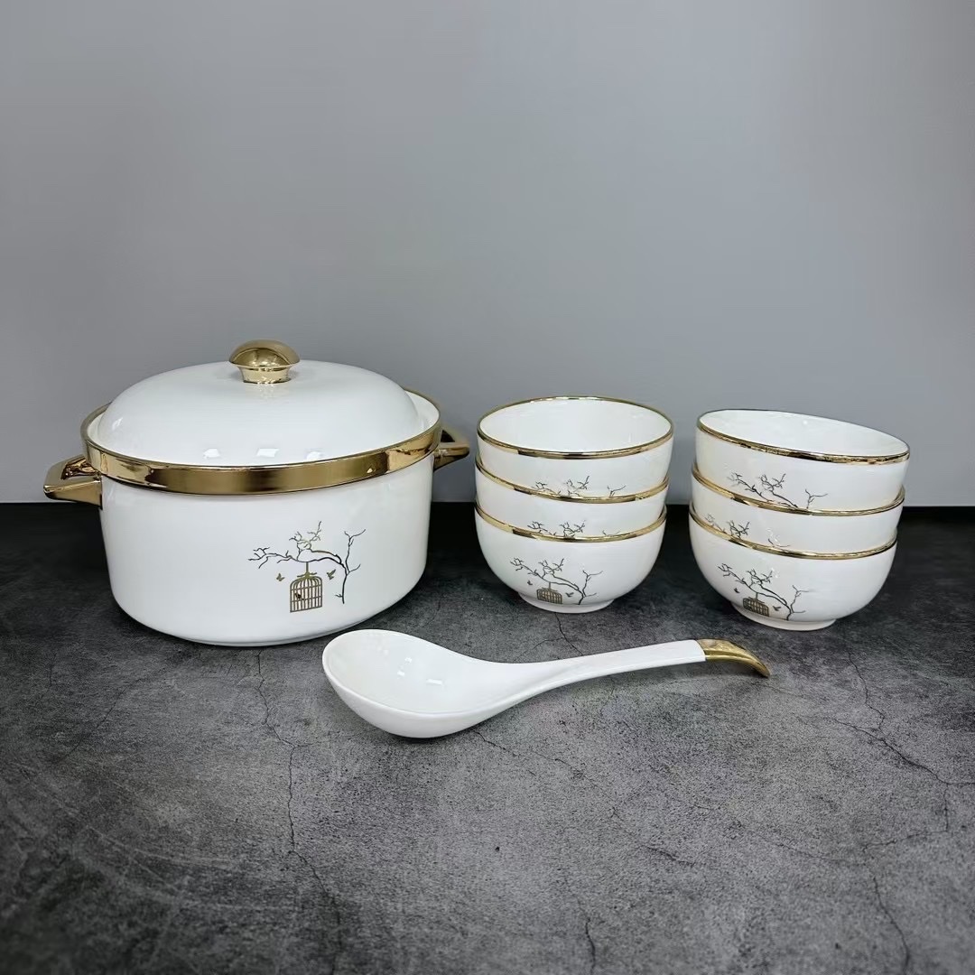 方圆陶瓷汤锅配碗套装餐具羽毛金边汤锅详情图2