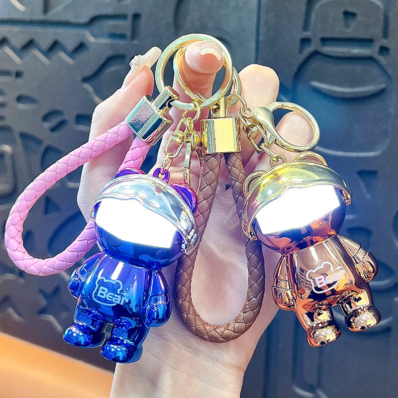 Creative and colorful mechanical bear luminous keychains, electroplated bear key chains, schoolbags, bag pendants, claw machine gifts wholesale details Picture