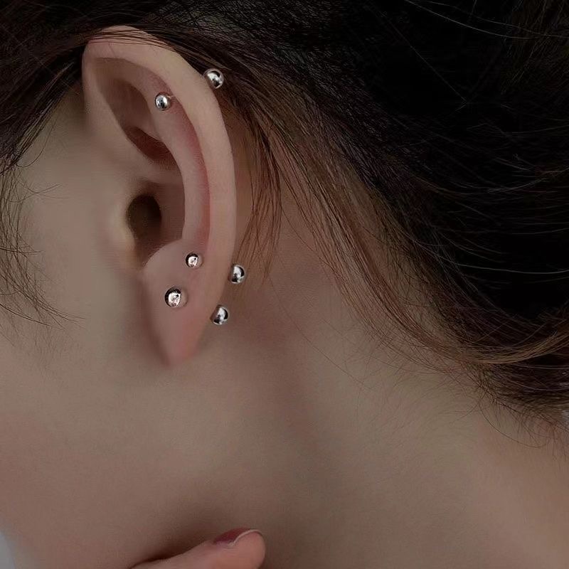 Double-headed Doudou ear bone thread, pure 925 silver ear piercing, student ear bone stud, simple and easy-to-remove, versatile earrings and earrings Specification image