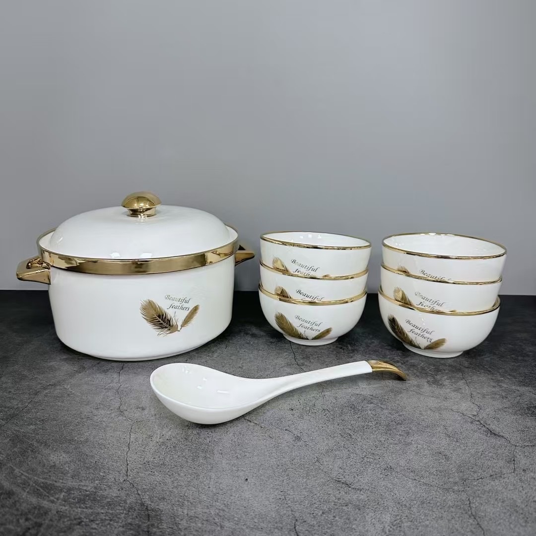 方圆陶瓷汤锅配碗套装餐具羽毛金边汤锅产品图