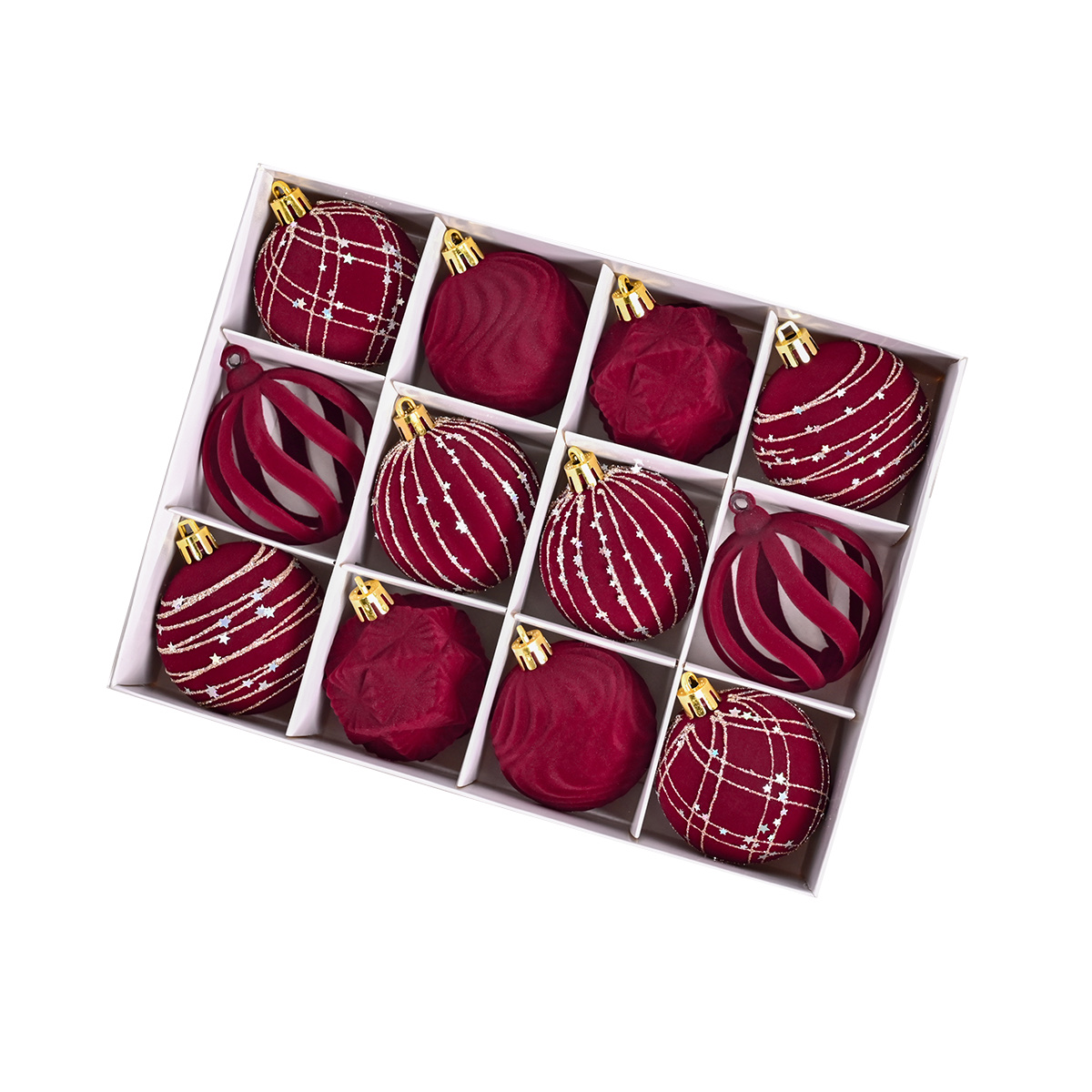 跨境新款植绒白色礼盒系列6-12PCS白色礼盒植绒球圣诞植绒礼盒套装圣诞节圣诞树挂件圣诞球白底实物图