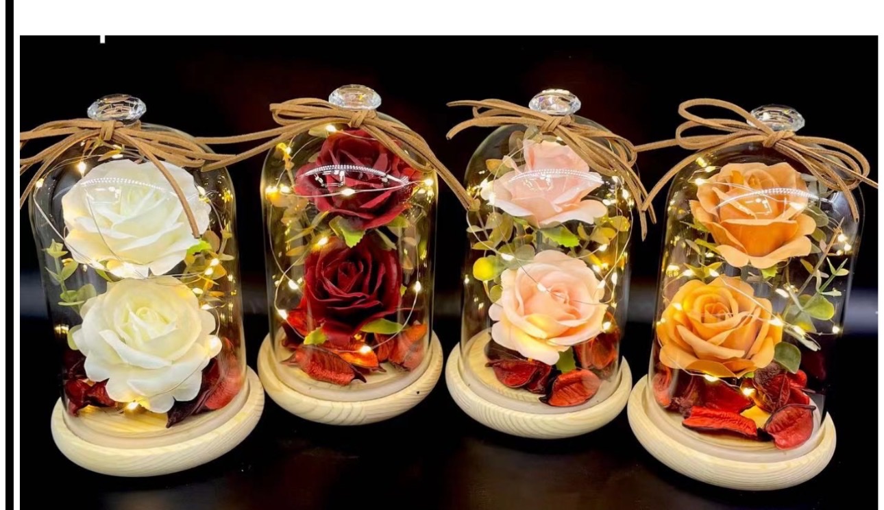 永生花干花束玻璃罩玫瑰花香皂花礼盒发光生日礼物送女友实用摆件细节图