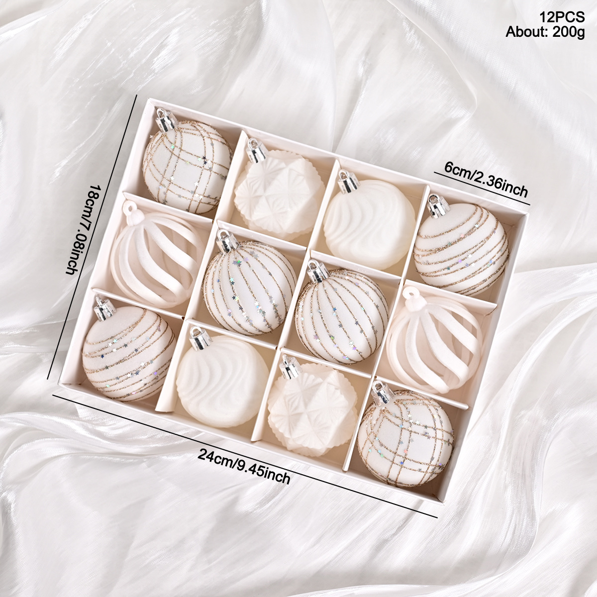 跨境新款植绒白色礼盒系列6-12PCS白色礼盒植绒球圣诞植绒礼盒套装圣诞节圣诞树挂件圣诞球产品图