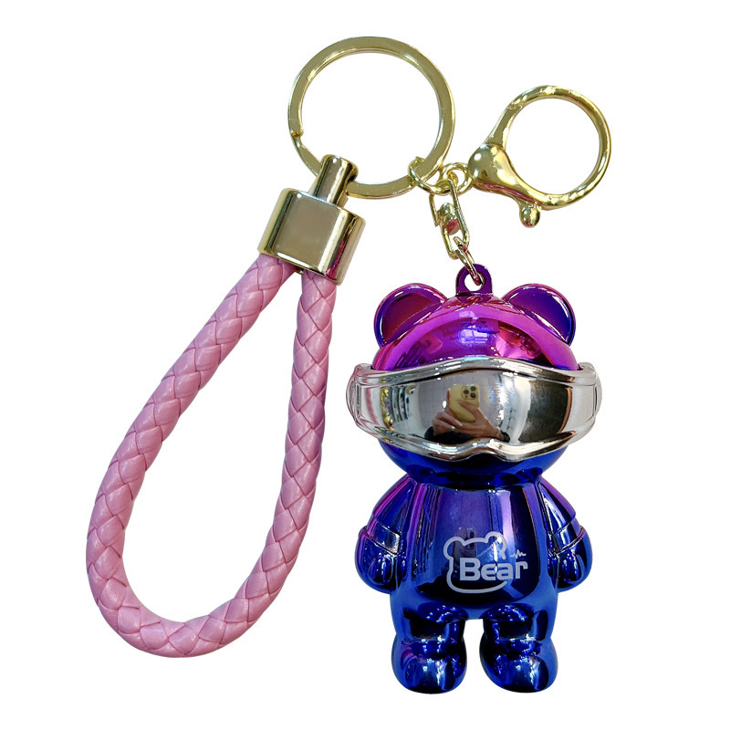 Creative and colorful mechanical bear luminous keychains, electroplated bear key chains, schoolbags, bag pendants, claw machine gifts wholesale Application Scenario