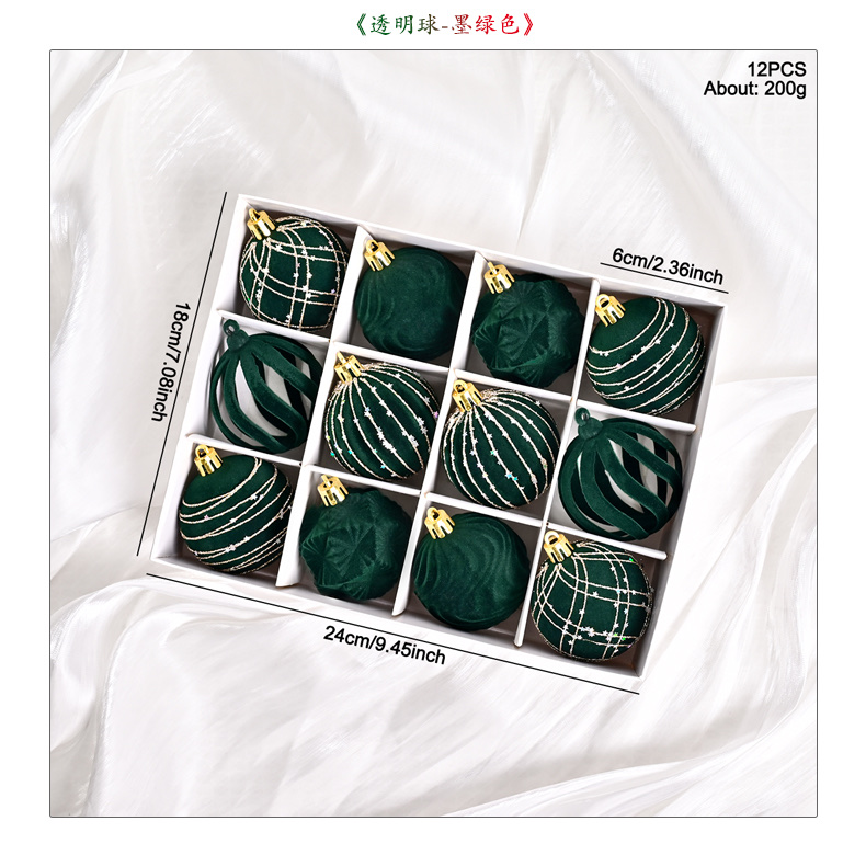 跨境新款植绒白色礼盒系列6-12PCS白色礼盒植绒球圣诞植绒礼盒套装圣诞节圣诞树挂件圣诞球详情图2